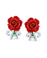 Bling Jewelry Delicate Floral Blooming Flower Emerald Green Cz Bow Ribbon 3D carved Red Rose Stud Earrings Sterling Silver