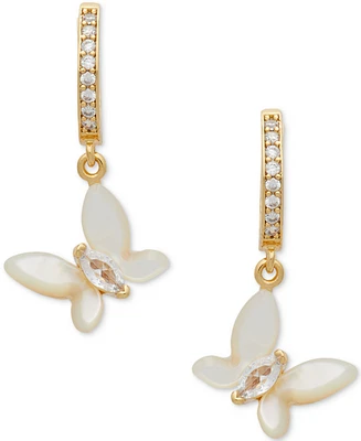 Kate Spade New York Gold-Tone Cubic Zirconia & Mother-of-Pearl Butterfly Charm Huggie Hoop Earrings