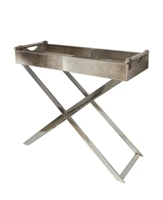 Rosemary Lane 45" x 18" x 30" Leather Tray Diagonal Silver-Tone Legs and Handles Accent Table