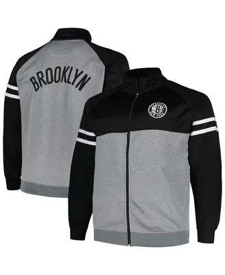 Men's Fanatics Black, Heather Gray Brooklyn Nets Big and Tall Pieced Stripe Raglan Full-Zip Track Jacket