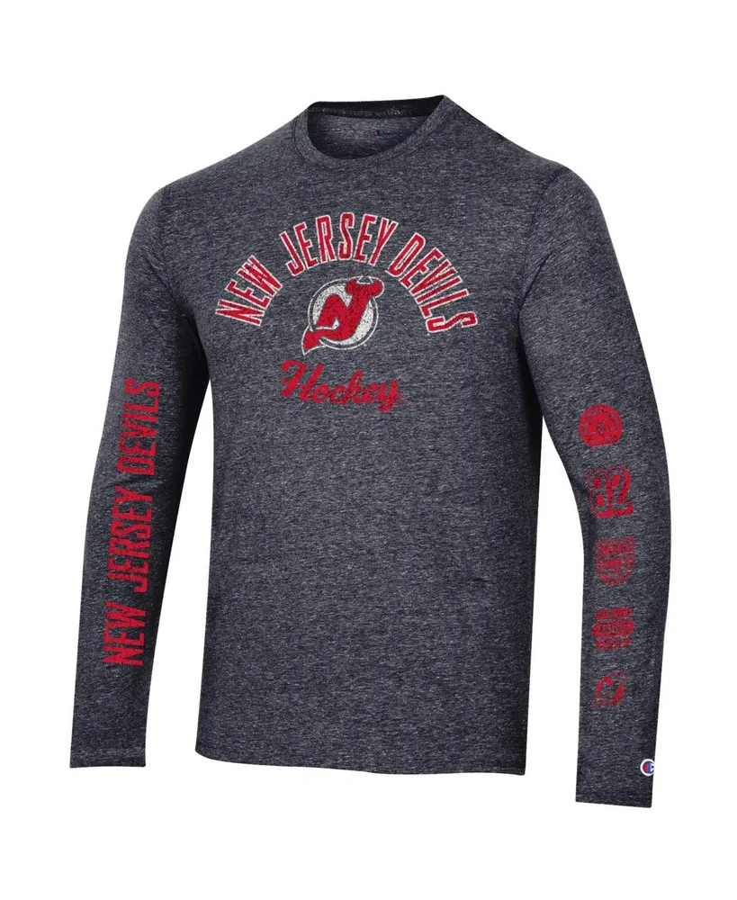 Men's Champion Heather Black Distressed New Jersey Devils Multi-Logo Tri-Blend Long Sleeve T-shirt