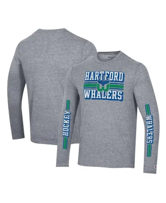 Men's Champion Heather Gray Distressed Hartford Whalers Tri-Blend Dual-Stripe Long Sleeve T-shirt