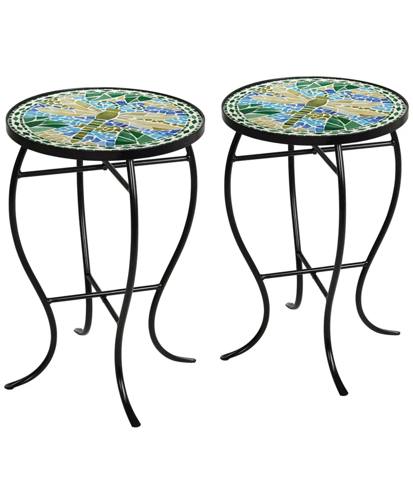 Dragonfly Scene Black Metal Round Outdoor Accent Side Tables 14" Wide Set of 2 Blue Mosaic Tile Tabletop Gracefully Curved Legs Spaces Porch Patio Hom