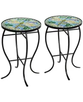 Dragonfly Scene Black Metal Round Outdoor Accent Side Tables 14" Wide Set of 2 Blue Mosaic Tile Tabletop Gracefully Curved Legs Spaces Porch Patio Hom