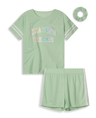 Max & Olivia Girls Soft Jersey Fabric Shorts Pajama Set with Scrunchie, 3 Piece