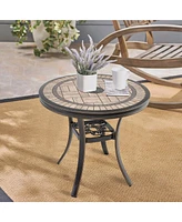 Mondawe 32" Round Aluminum Outdoor Patio Bistro Dining Side Table with Umbrella Hole, Brown