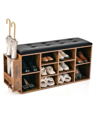 Wooden Shoe Bench 10-Cube Storage Organizer with Padded Cushion & Umbrella Holder