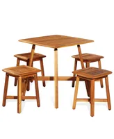 5 Pieces Wood Patio Dining Set with Square Table and 4 Stools