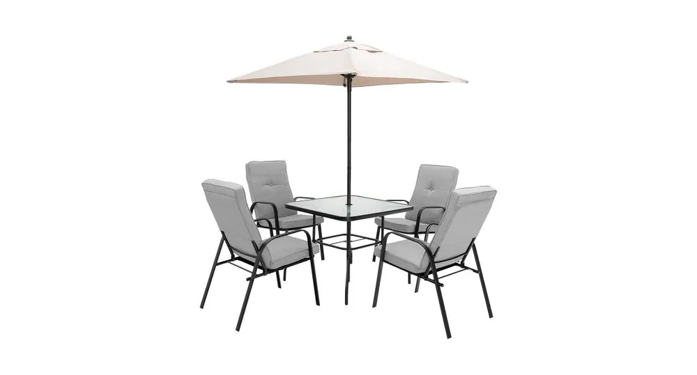 6 Pieces Patio Dining Set with Umbrella and Stackable Cushioned Chairs