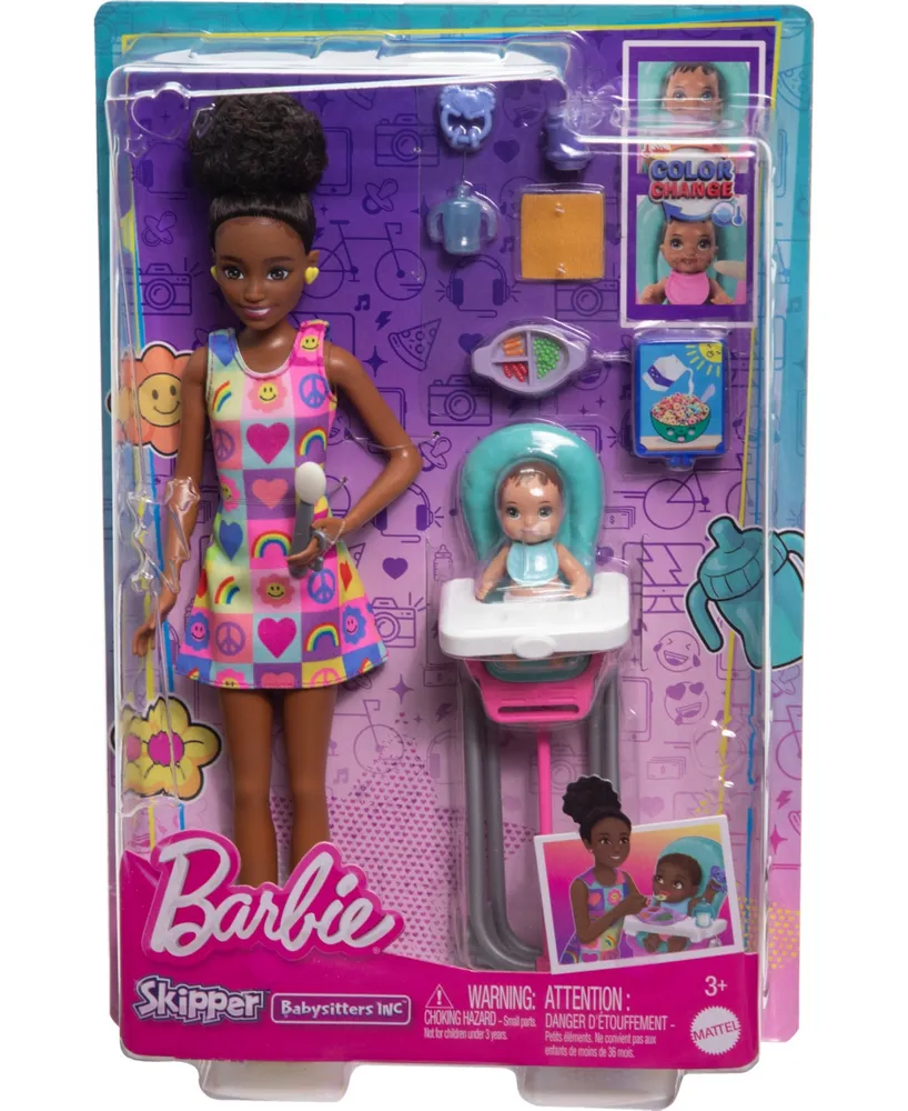 Barbie Skipper Babysitters Inc. and Play Set, Includes Doll with Black Hair, Baby, and Mealtime Accessories, 10 Piece Set