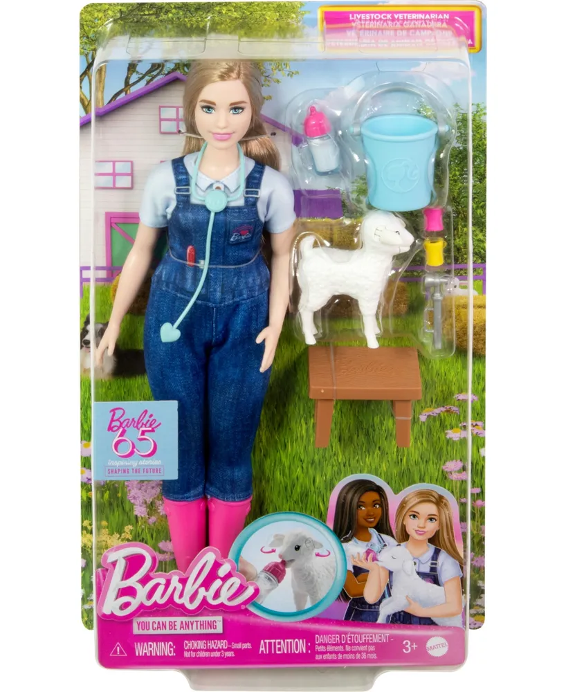 Barbie 65th Anniversary Careers Farm Vet Doll and 10 Accessories Including Lamb with Moving Ears