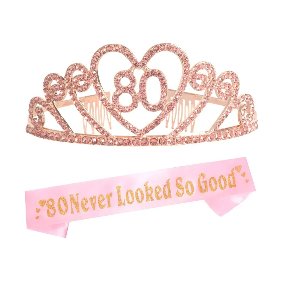 80th Birthday Sash and Tiara Set for Women - 80 and Fabulous Glitter Sash with Crystals and Rhinestones Pink Tiara