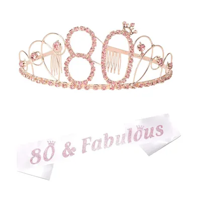 80th Birthday Sash and Tiara Set for Women - 80 and Fabulous Glitter Sash with Crystals and Rhinestones Pink Tiara