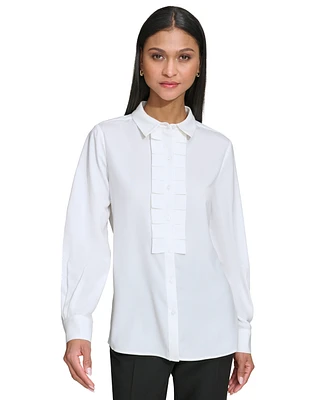 Karl Lagerfeld Women's Collared Pleat-Front Long-Sleeve Top