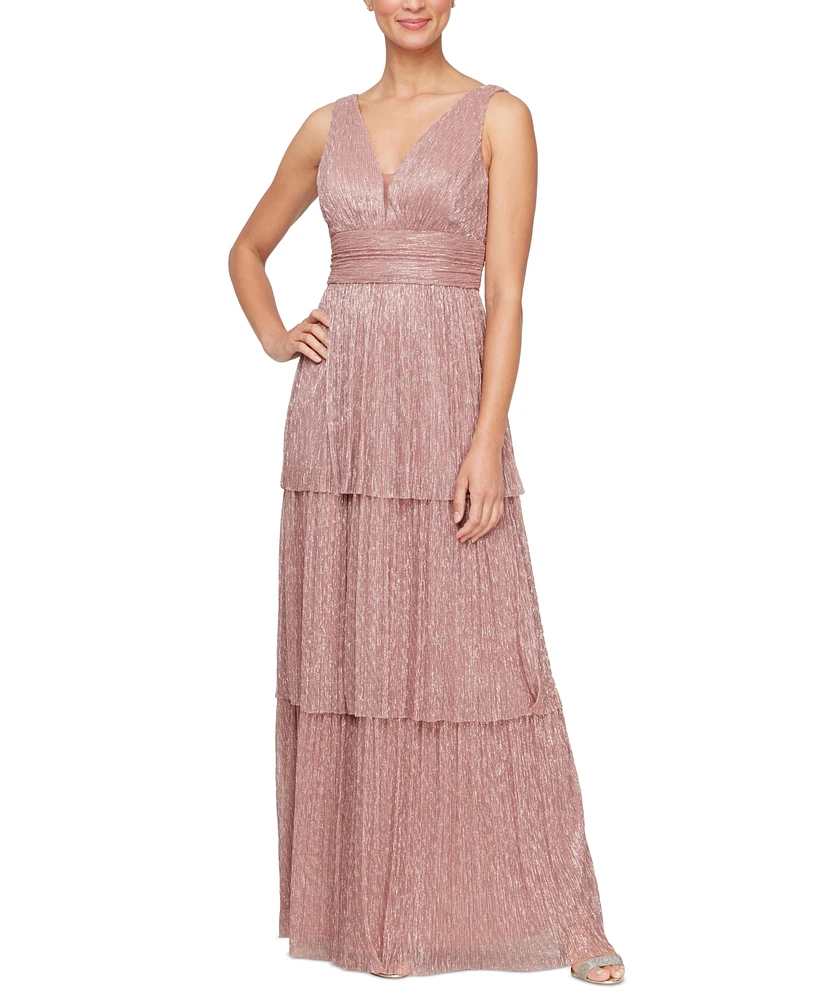 Alex Evenings Women's Metallic Knit Tiered Gown