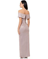 Xscape Women's Off-The-Shoulder Draped-Detail Leg-Slit Gown