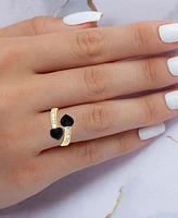 Black Cubic Zirconia Two Heart Bypass Ring Sterling Silver