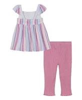 Calvin Klein Little Girls Woven Striped Empire Tunic and Ribbed Capri Leggings, 2 Piece Set