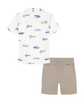 Kids Headquarters Toddler Boys Short Sleeve Printed Slub Polo Shirt and Twill Shorts, 2 Piece Set