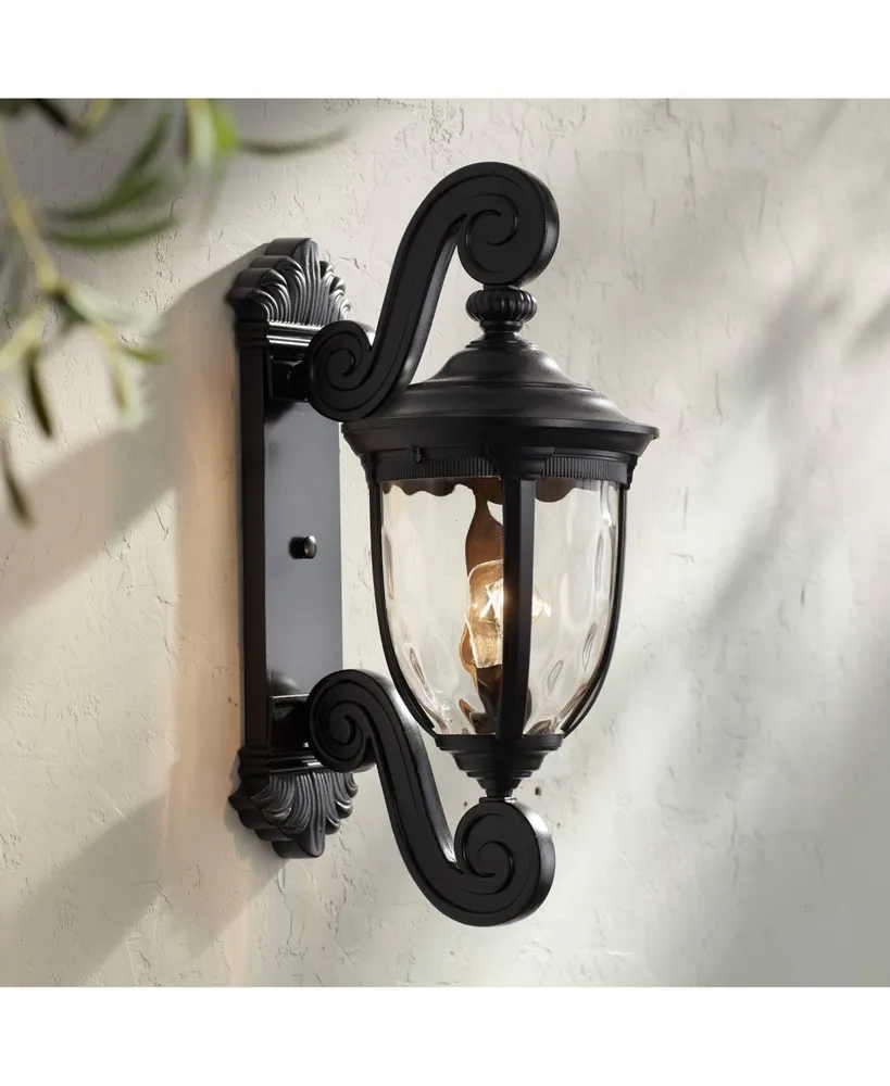 Bellagio European Outdoor Wall Light Fixture Texturized Black Dual Scroll Arm 24" Clear Hammered Glass for Exterior House Porch Patio Outside Deck Gar