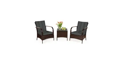 3 Pcs Patio Conversation Rattan Furniture Set with Glass Top Coffee Table and Cushions