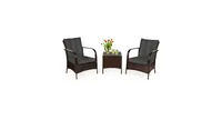 3 Pcs Patio Conversation Rattan Furniture Set with Glass Top Coffee Table and Cushions