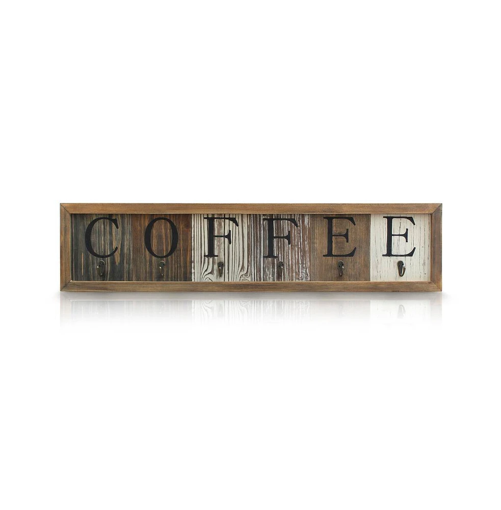 Rustic Coffee Mug Rack Wall Mounted, Printed Coffee Sign - 6 Coffee Cup Hooks - Wooden Coffee Mug Organizer - Distressed Coffee Rack Sign (31.5")