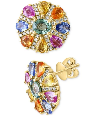 Effy Multi-Sapphire (3-7/8 ct. t.w.) & Diamond (1/4 ct. t.w.) Flower Stud Earrings in 14k Gold