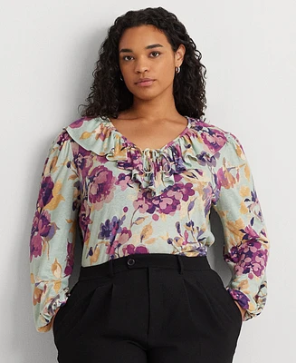 Lauren Ralph Lauren Plus Size Linen-Blend Ruffled Floral Top