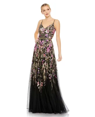 Women's V Neck Floral Embellished Spaghetti Strap Gown