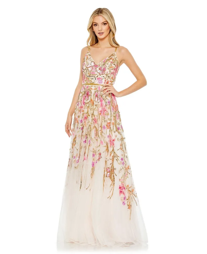 Women's V Neck Floral Embellished Spaghetti Strap Gown