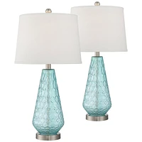 Dylan Coastal Modern Contemporary Style Table Lamps 27.5" Tall Full Size Set of 2 Transparent Blue Glass White Fabric Drum Shade for Living Room Bedro