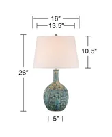 Modern Table Lamp 26" High Teal Glaze Raised Square Ceramic Gourd White Fabric Tapered Drum Shade Decor for Bedroom Living Room House Home Bedside Nig