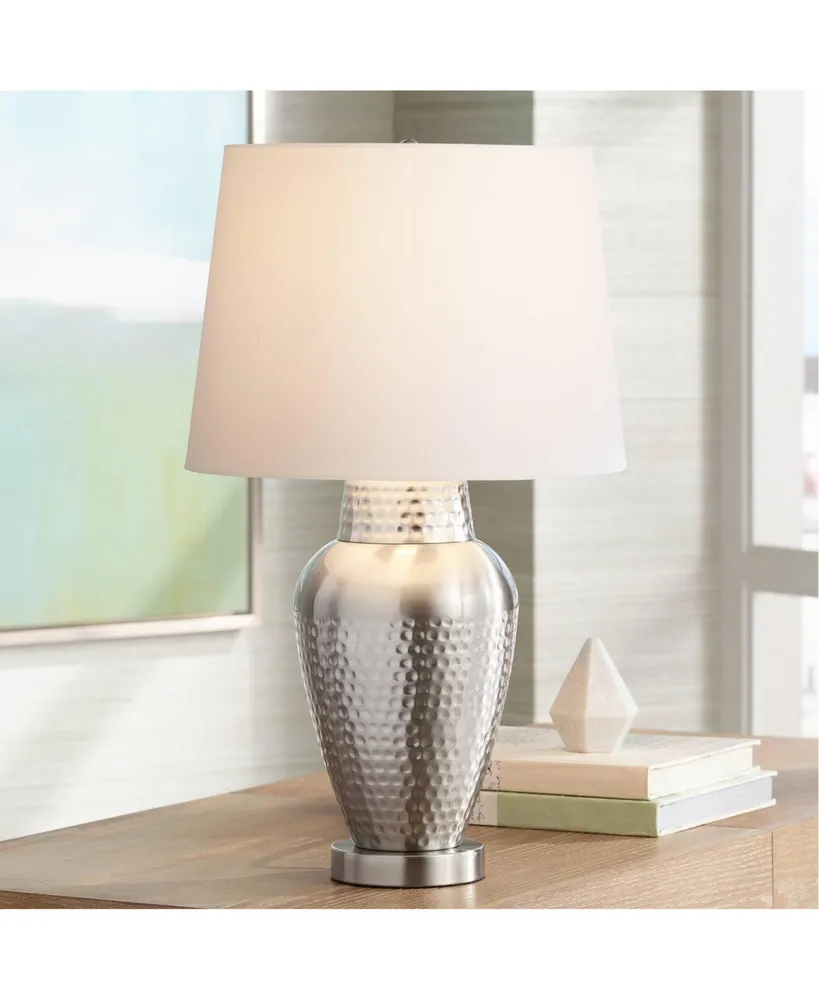 Rupert Modern Table Lamp 25" High Brushed Nickel Metal Hammered Vase White Linen Tapered Drum Shade for Bedroom Living Room House Home Bedside Nightst