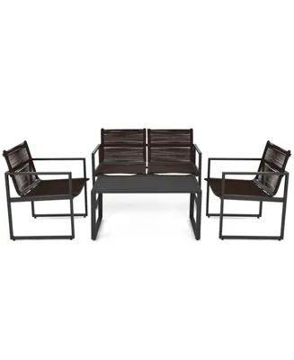 4 Pieces Patio Furniture Conversation Set with Sofa Loveseat - Black