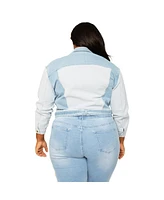 Women's Plus Curvy Fit Belted Dual Shade Denim Trucker Jacket