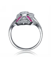 Sterling Silver White Gold Plated with Pink Baguette and Clear Round Cubic Zirconia Cocktail Ring