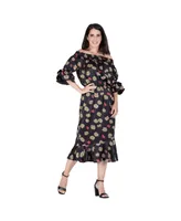 Women's Floral Print Off-Shoulder High-End Satin Midi Dress