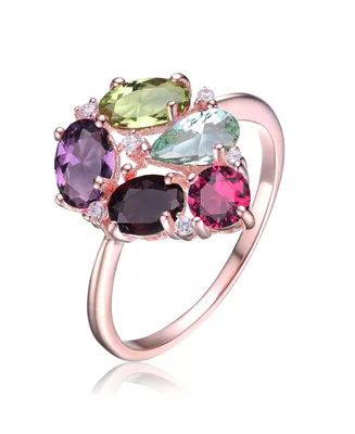 Stylish Sterling Silver 18K Rose Gold Plated with Multi-color Cubic Zirconia Top Ring - Multi