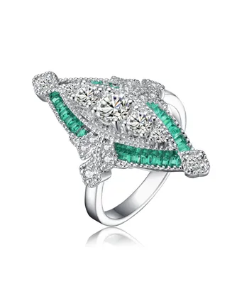 Sterling Silver White Gold Plated Green Baguette and Round Cubic Zirconia Classic Ring