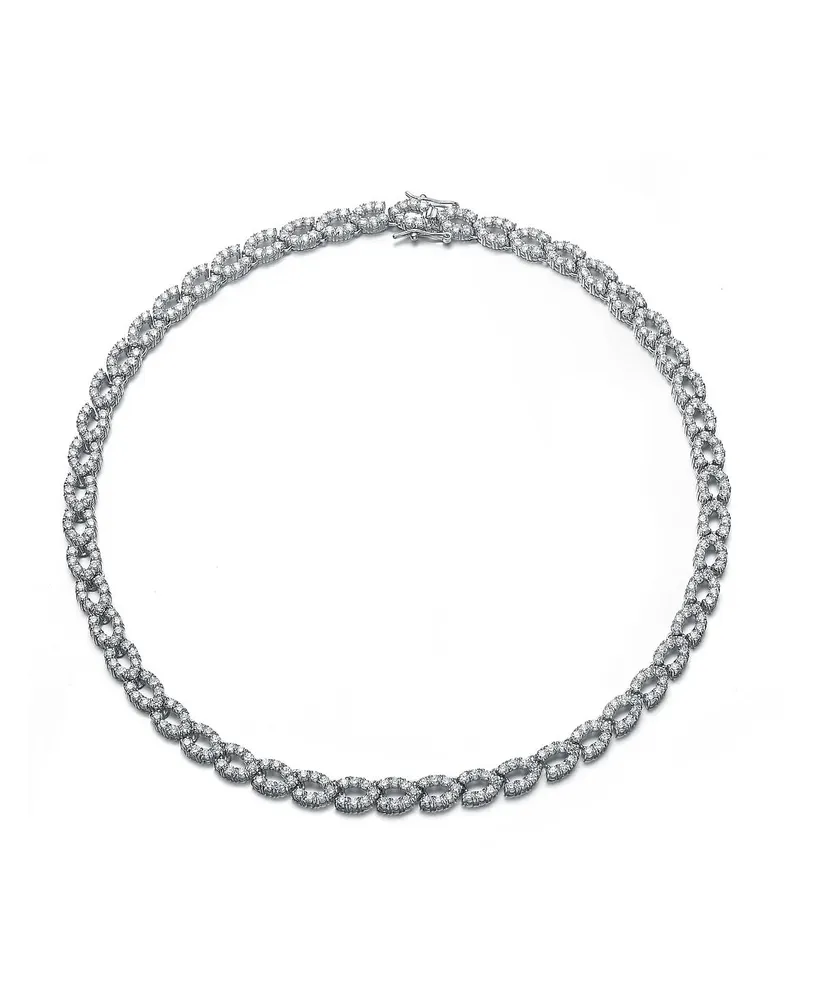 Sterling Silver White Gold Plated with Cubic Zirconia Open Halo Oval Link Eternity Tennis Necklace