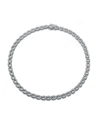 Sterling Silver White Gold Plated with Cubic Zirconia Open Halo Oval Link Eternity Tennis Necklace