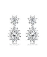 White Gold Plated with Cubic Zirconia Double Flower Cluster Dangle Earrings