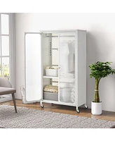 Rolling Storage Armoire Closet with Hanging Rod and Adjustable Shelf-White