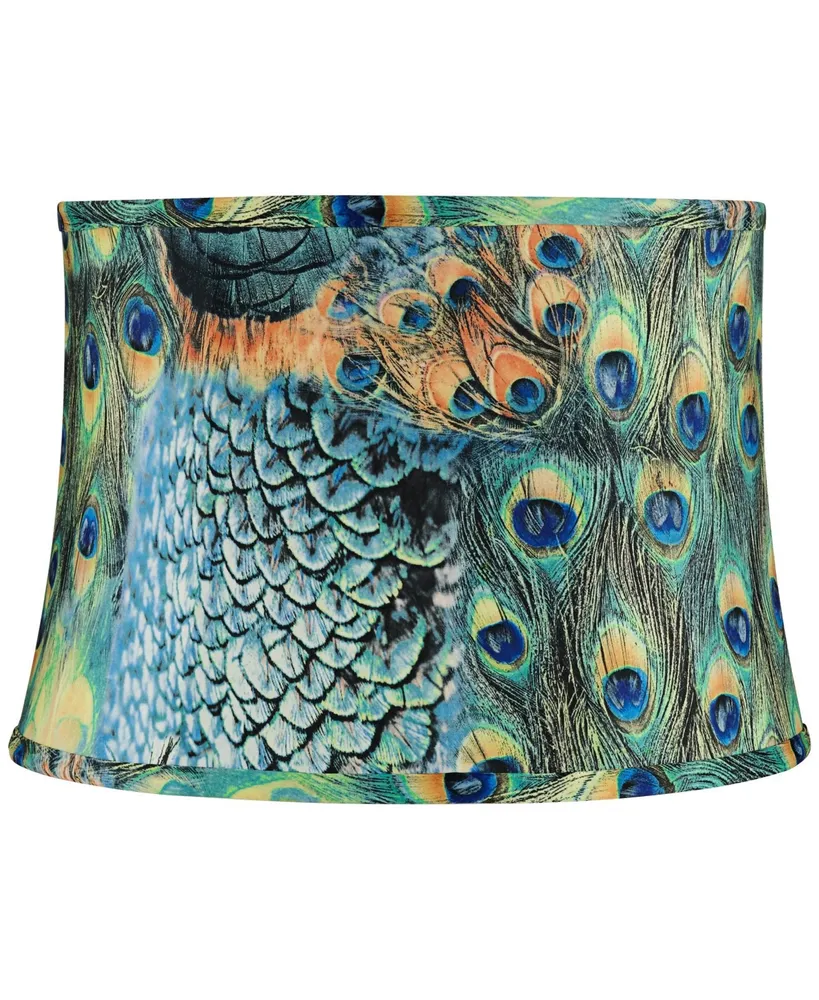 Peacock Print Medium Drum Lamp Shade 14" Top x 16" Bottom x 11" Slant (Spider) Replacement with Harp and Finial - Spring crest