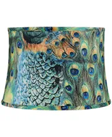 Peacock Print Medium Drum Lamp Shade 14" Top x 16" Bottom x 11" Slant (Spider) Replacement with Harp and Finial - Spring crest