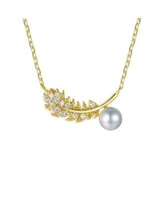 14k Gold Plated Sterling Silver with Cubic Zirconia & Faux Pearl Fern Leaf Pendant Necklace