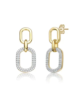 14k Yellow Gold Plated with Cubic Zirconia Pave Geometric Oval Chain Dangle Earrings