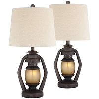 Horace Rustic Farmhouse Table Lamps 25.25" High Full Size Set of 2 with Nightlight Miner Lantern Brown Oatmeal Tapered Drum Shade for Living Room Bedr