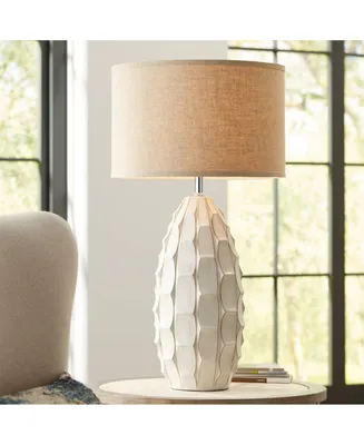 Cosgrove Mid Century Modern Coastal Table Lamp 32.75" Tall Ceramic White Handcrafted Beige Fabric Drum Shade Decor for Living Room Bedroom House Bedsi